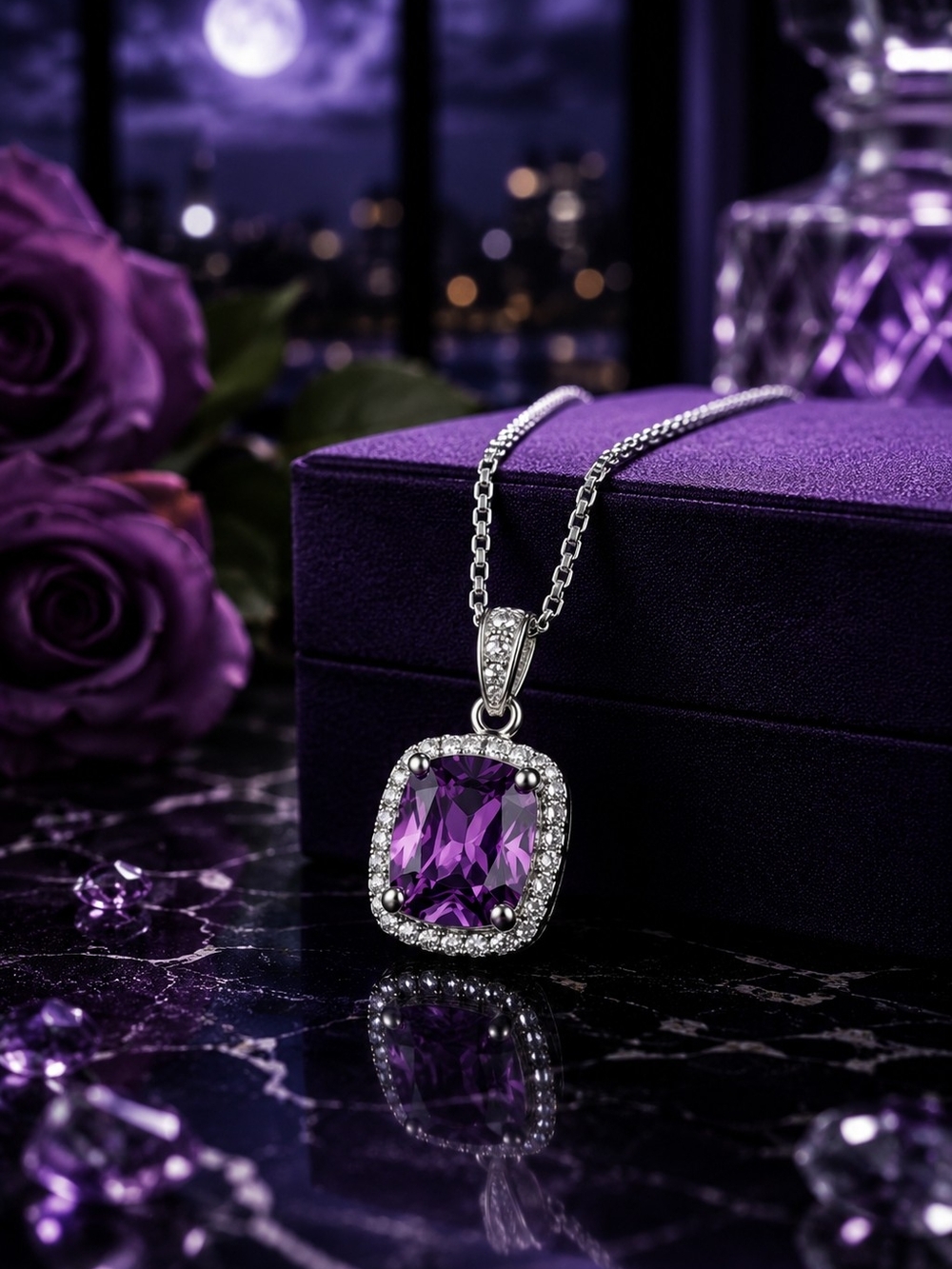 Purple Cushion Cut Halo Pendant Necklace – Silver Tone Chain – Elegant Sparkling